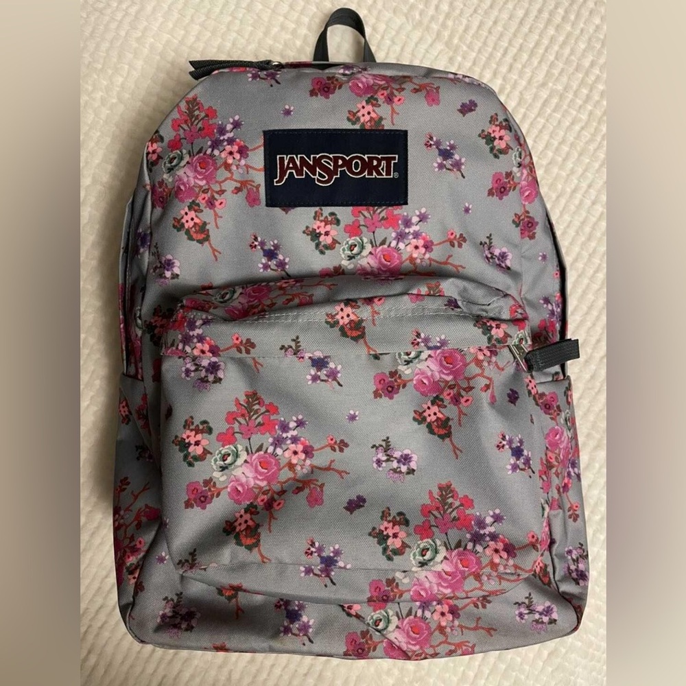Jansport Gray Backpack with Pink and Purple Floral Design